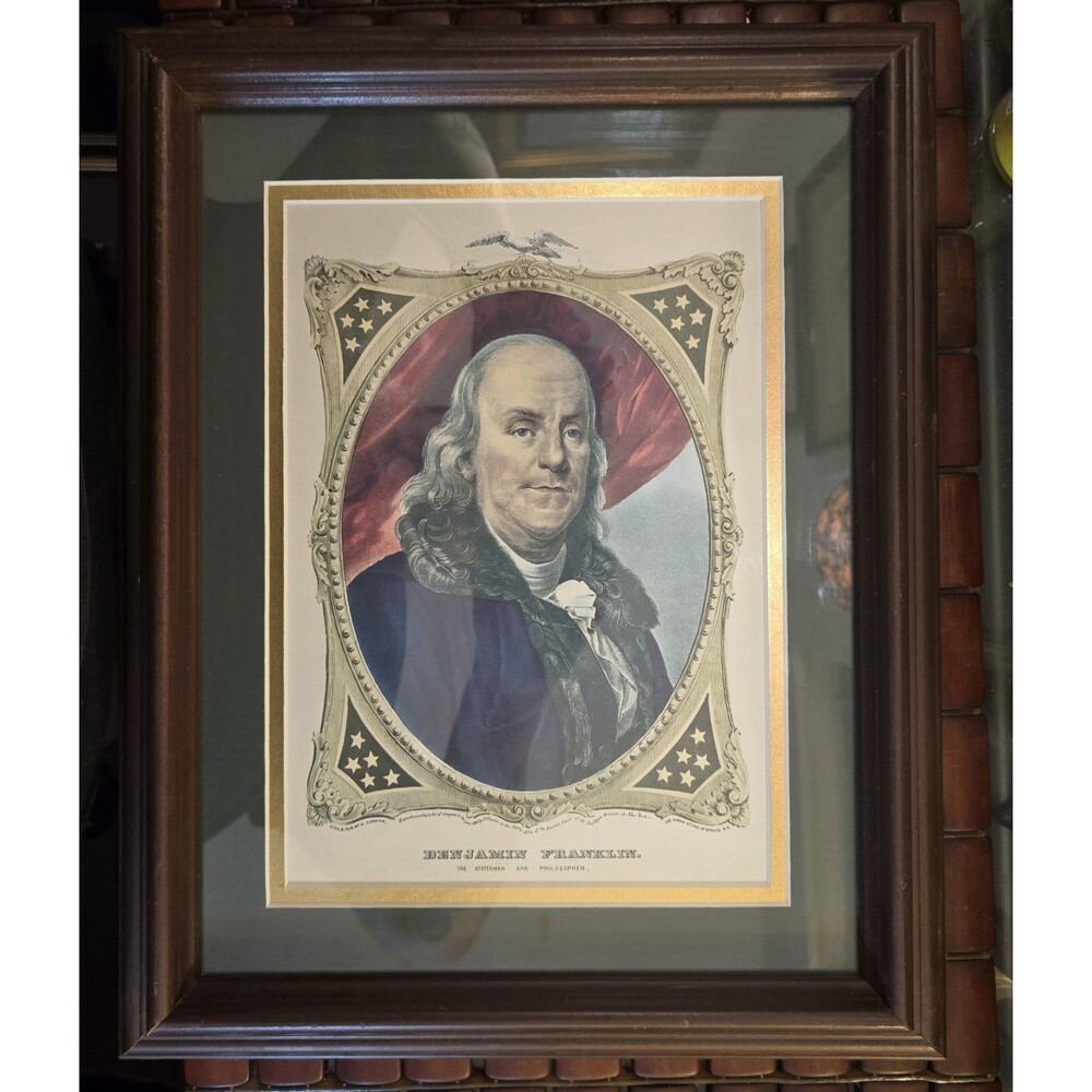 Benjamin Franklin The Statesman And Philosopher Currier & Ives Litho Pro- Framed